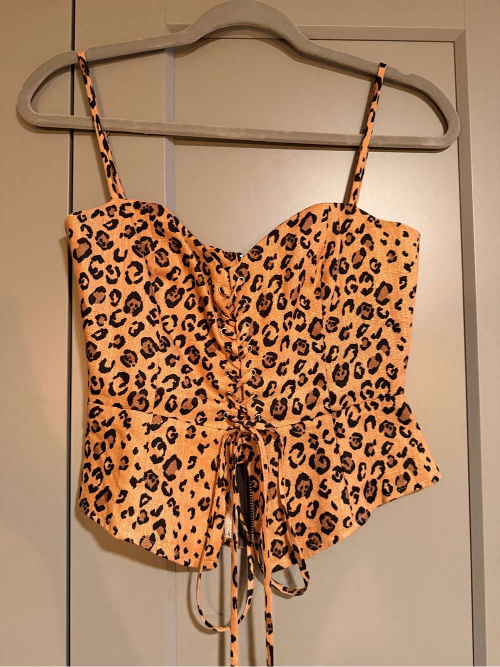 Reformation Leopard Print Tie-Front Crop Corset Top